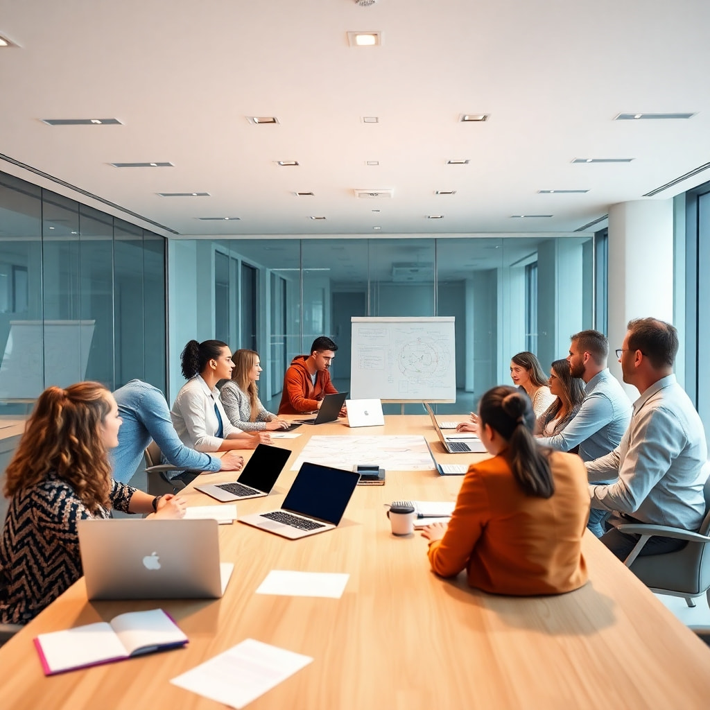 A bright, modern conference room with diverse participants actively engaged in a brainstorming session around a large table with laptops, notebooks, and whiteboards with diagrams and ideas. The atmosphere is collaborative and energetic, with a feeling of creative problem-solving.