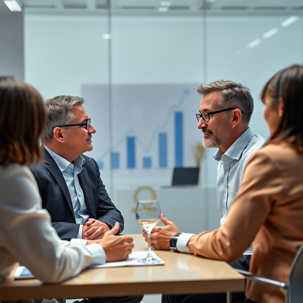 A CTO and a business executive having a serious yet friendly discussion in a modern, minimalist office setting with a sense of the personalized nature of the consulting and shows trust and expertise.