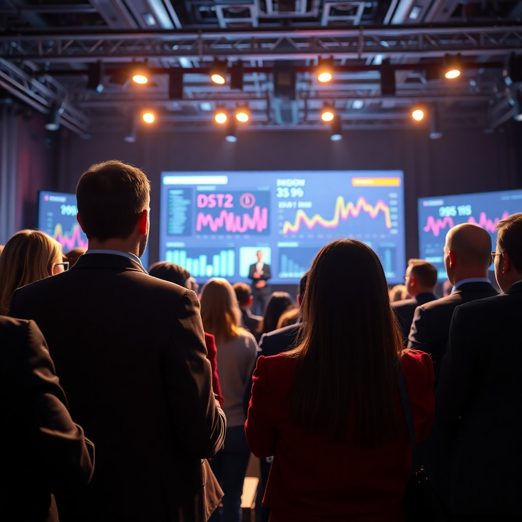 Business leaders attentively listening to a confident speaker on a stage, bathed in warm stage lighting in a modern, technology-focused backdrop with sleek screens displaying data visualizations. The overall mood should be one of engagement and inspiration.